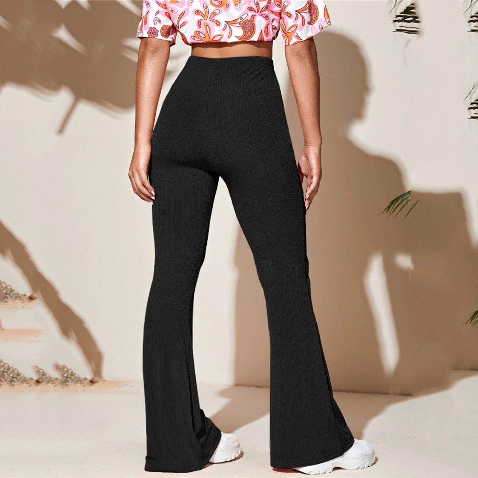 thumbnail image 5 of Pantalones de yoga acampanados con cintura alta elástica para mujer - Tejido acanalado, poliéster, largo completo, informal/deportivo - XS-XL, 5 of 8